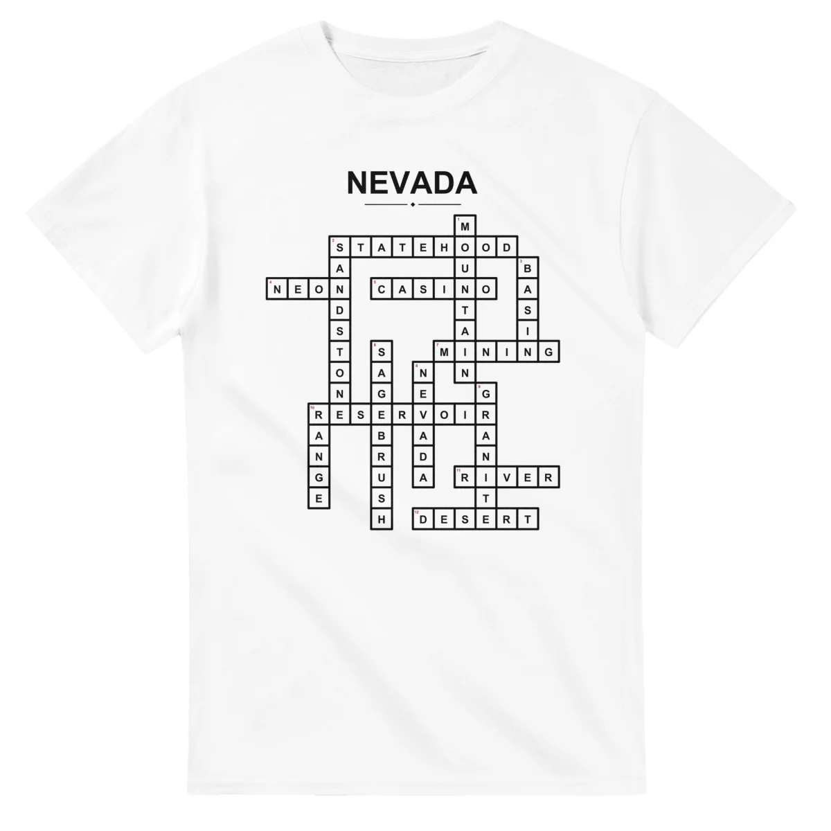 Monochrome crossword sheet for Nevada, with a large place-name heading, a letter grid, and numbered across and down clues.
