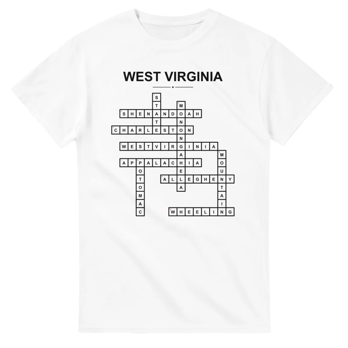 Monochrome crossword sheet for West Virginia, with a large place-name heading, a letter grid, and numbered across and down clues.