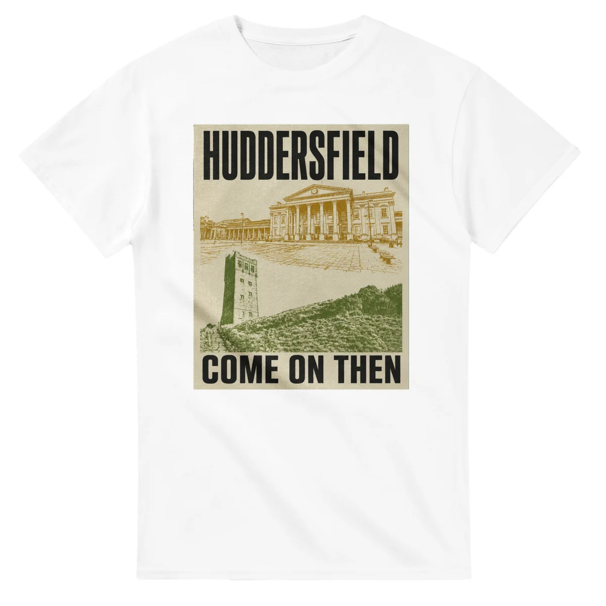 Two-colour scenic illustration for Huddersfield, with the place name and COME ON THEN lettering.