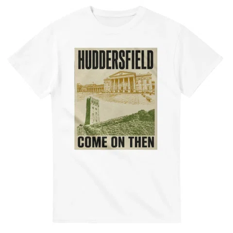 Two-colour scenic illustration for Huddersfield, with the place name and COME ON THEN lettering.