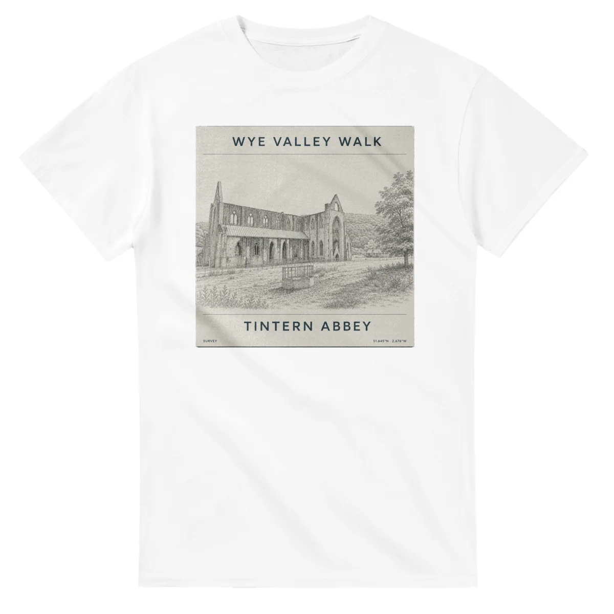 Fine-line engraving-style drawing for Wye Valley Walk, with a landmark caption and small coordinate text.