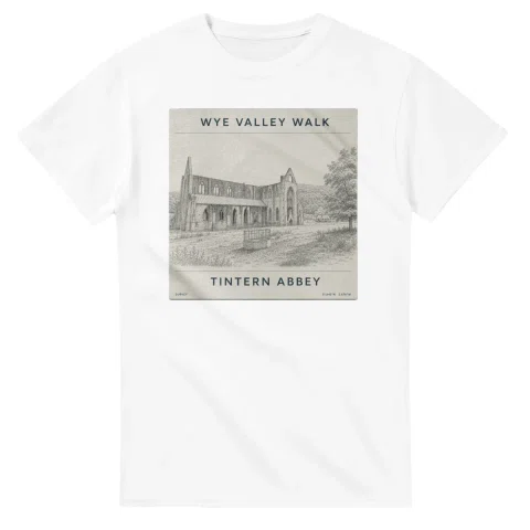Fine-line engraving-style drawing for Wye Valley Walk, with a landmark caption and small coordinate text.