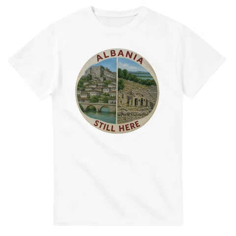 Painted, panelled scenic illustration for Albania, with paired local scenes and the place name in lettering.