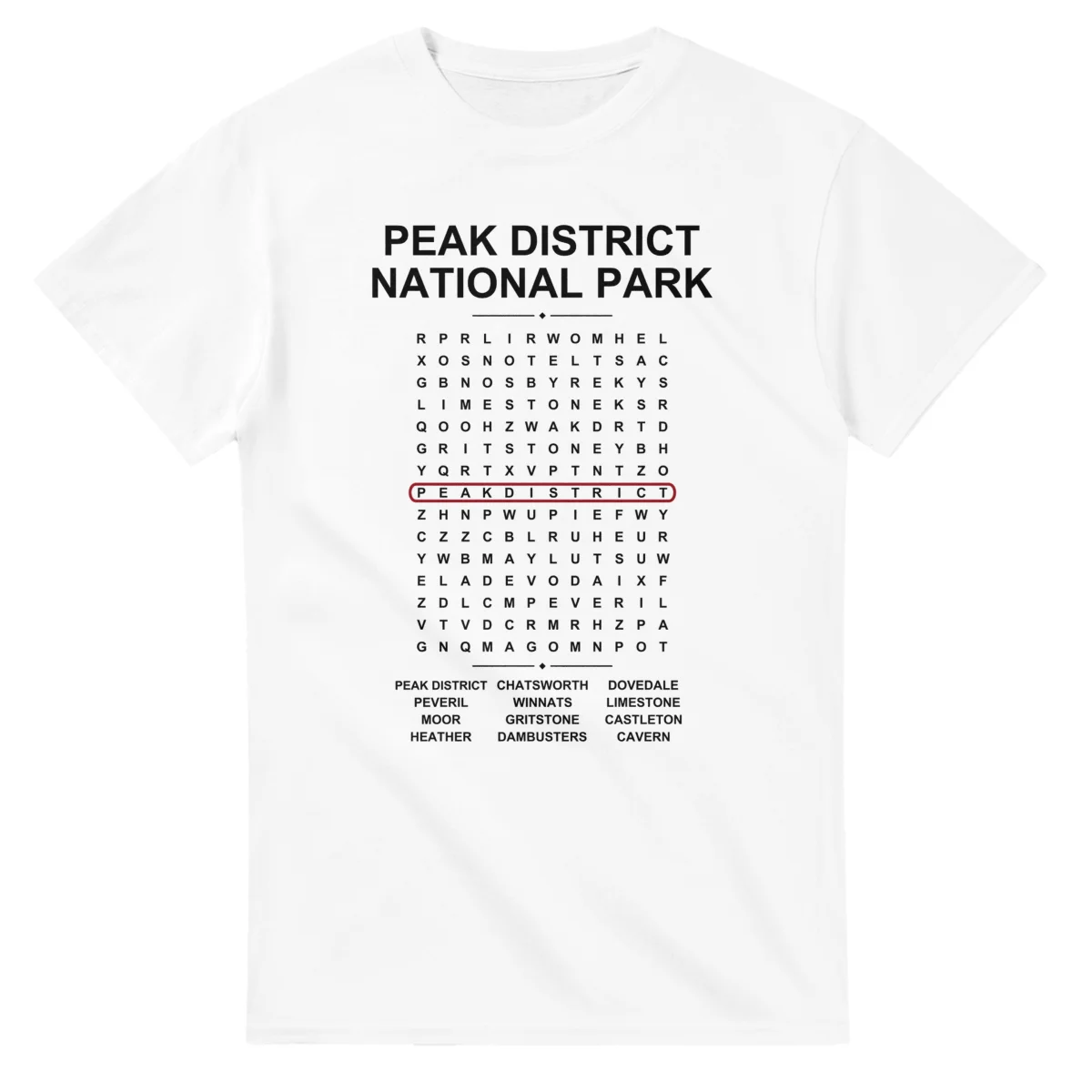 Word-search sheet for Peak District National Park, with a large place-name heading, a letter grid, a local answer list, and a red highlighted example word.