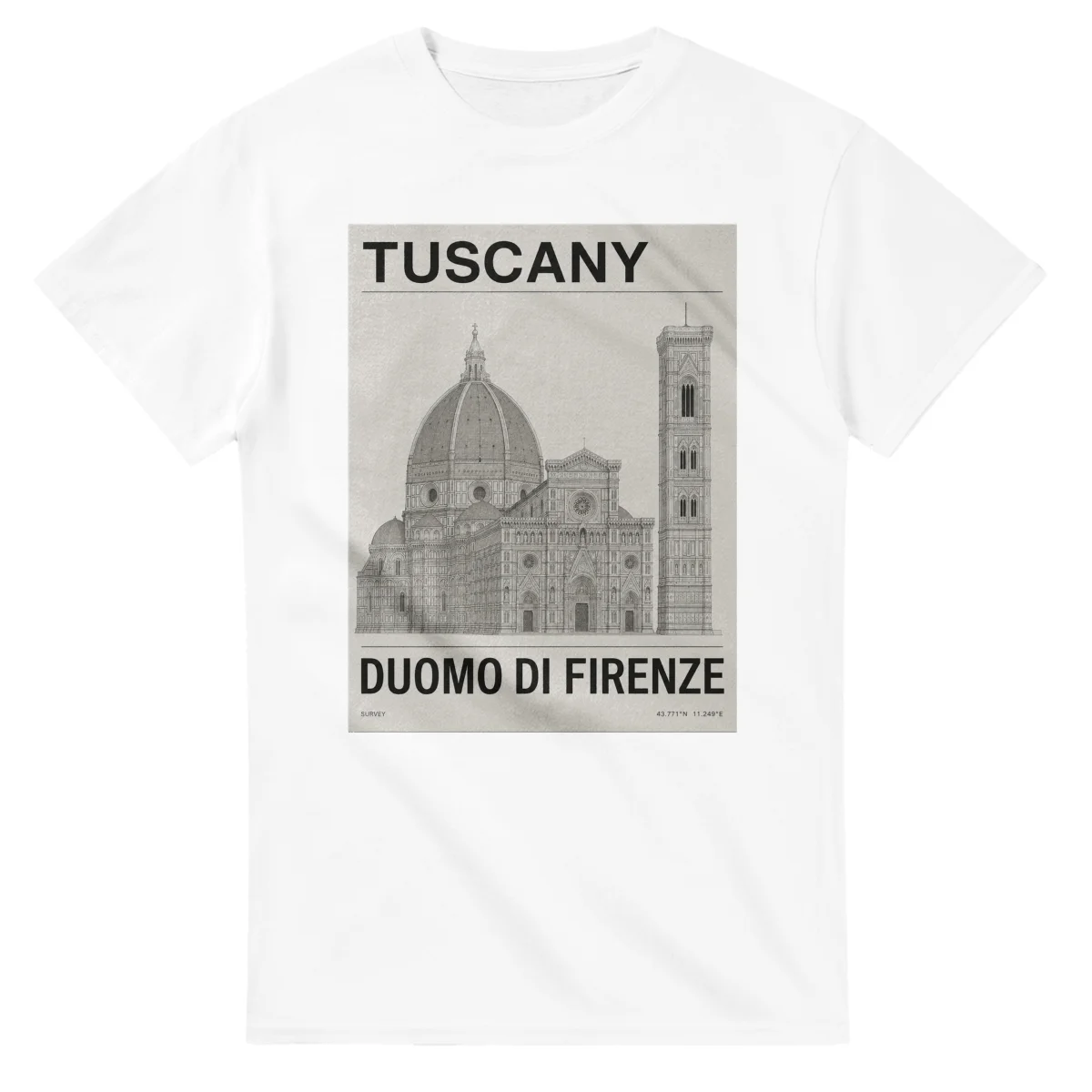 Fine-line engraving-style drawing for Tuscany, with a landmark caption and small coordinate text.