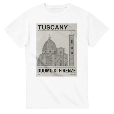 Fine-line engraving-style drawing for Tuscany, with a landmark caption and small coordinate text.