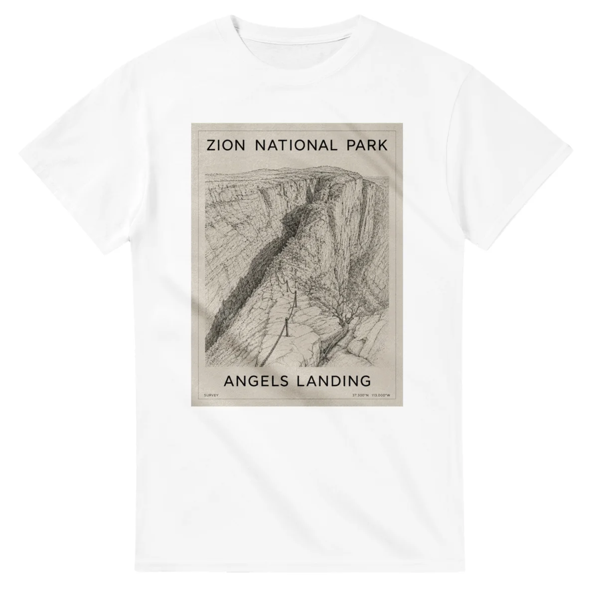 Fine-line engraving-style drawing for Zion National Park, with a landmark caption and small coordinate text.