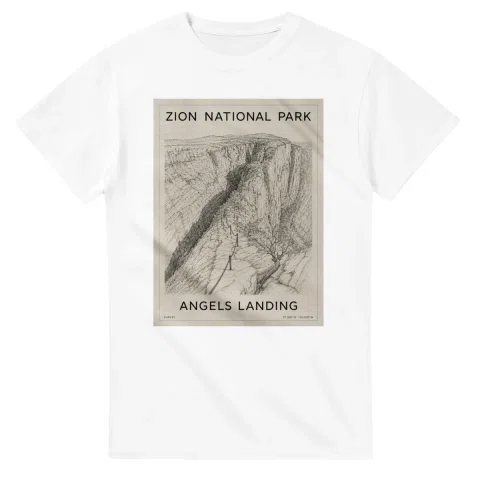 Fine-line engraving-style drawing for Zion National Park, with a landmark caption and small coordinate text.