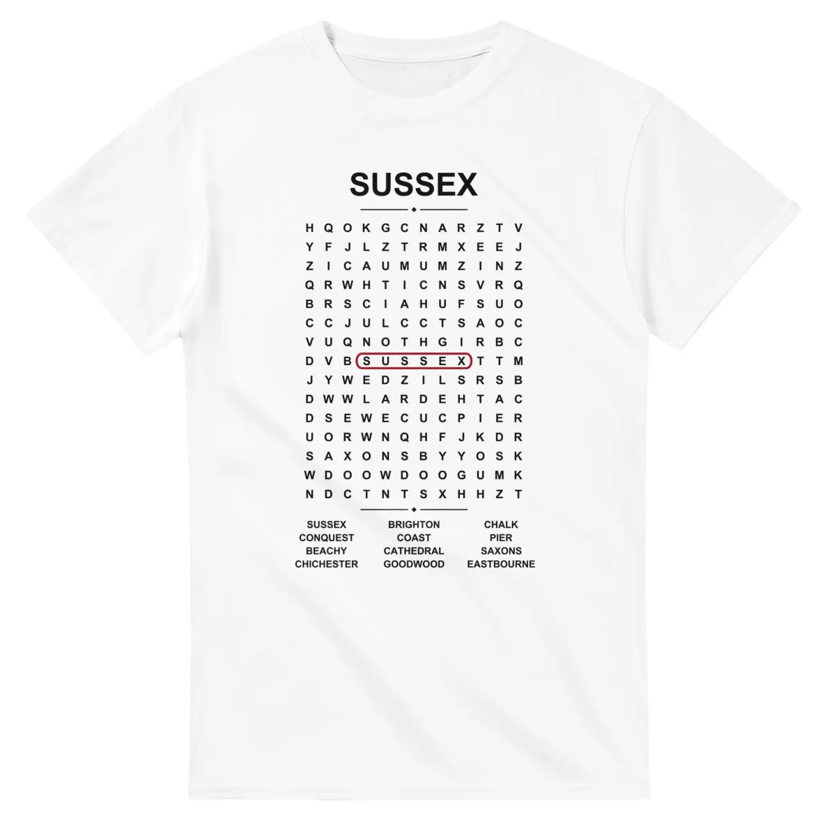 Word-search sheet for Sussex, with a large place-name heading, a letter grid, a local answer list, and a red highlighted example word.
