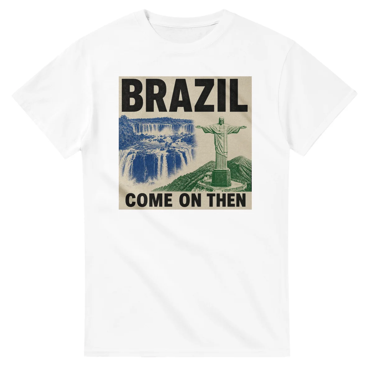 Two-colour scenic illustration for Brazil, with the place name and COME ON THEN lettering.