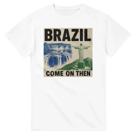 Two-colour scenic illustration for Brazil, with the place name and COME ON THEN lettering.