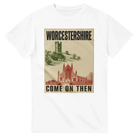 Two-colour scenic illustration for Worcestershire, with the place name and COME ON THEN lettering.