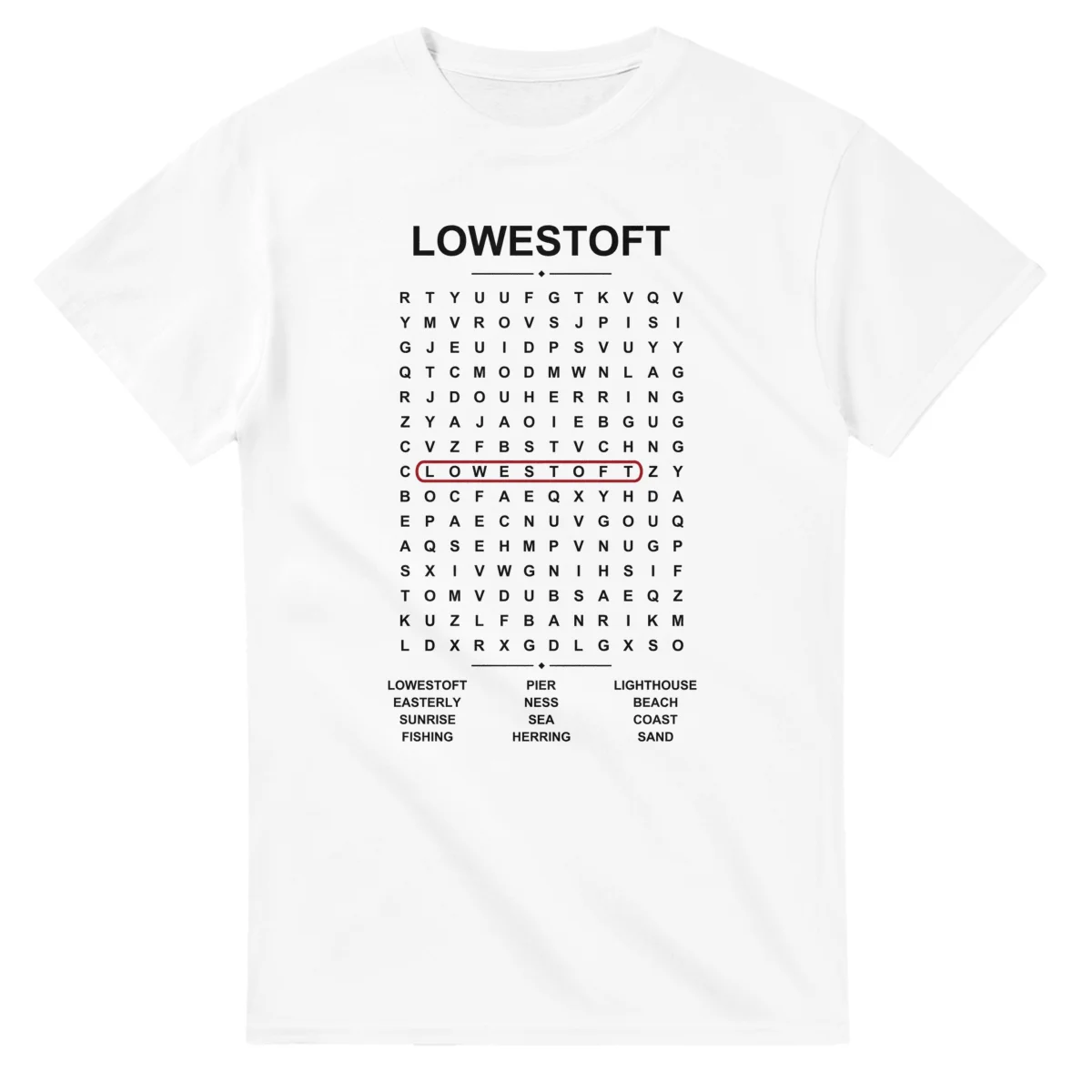 Word-search sheet for Lowestoft, with a large place-name heading, a letter grid, a local answer list, and a red highlighted example word.
