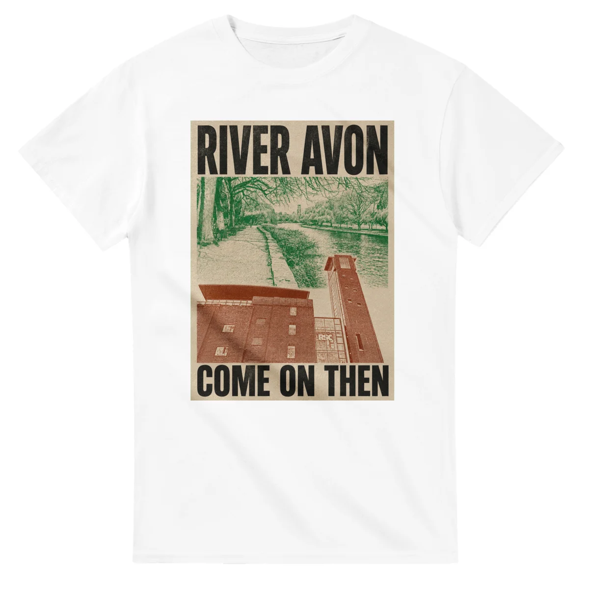 Two-colour scenic illustration for River Avon, with the place name and COME ON THEN lettering.