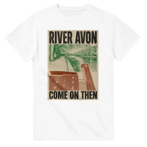 Two-colour scenic illustration for River Avon, with the place name and COME ON THEN lettering.