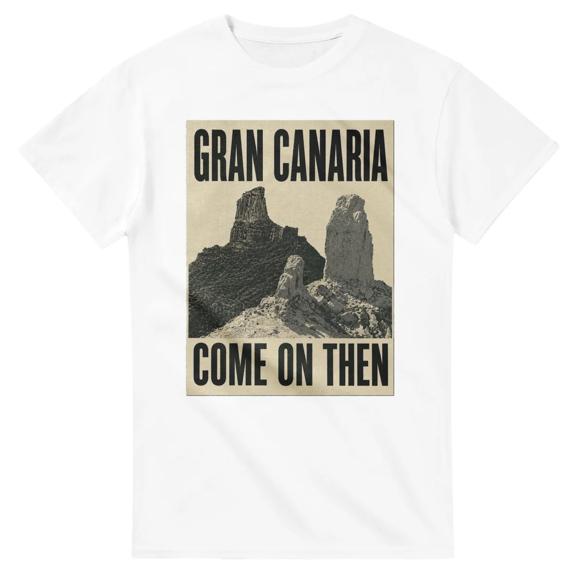 Two-colour scenic illustration for Gran Canaria, with the place name and COME ON THEN lettering.