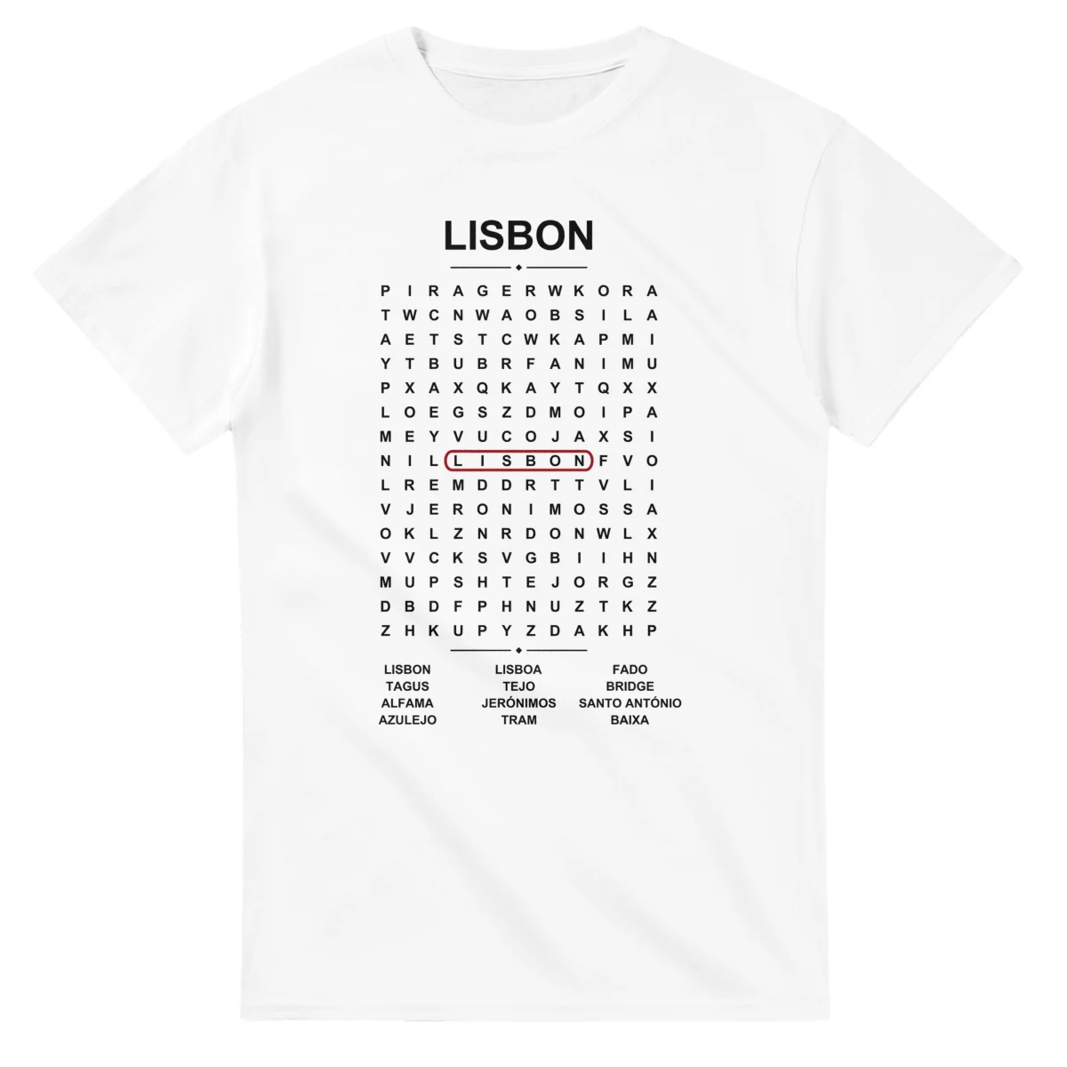 Word-search sheet for Lisbon, with a large place-name heading, a letter grid, a local answer list, and a red highlighted example word.
