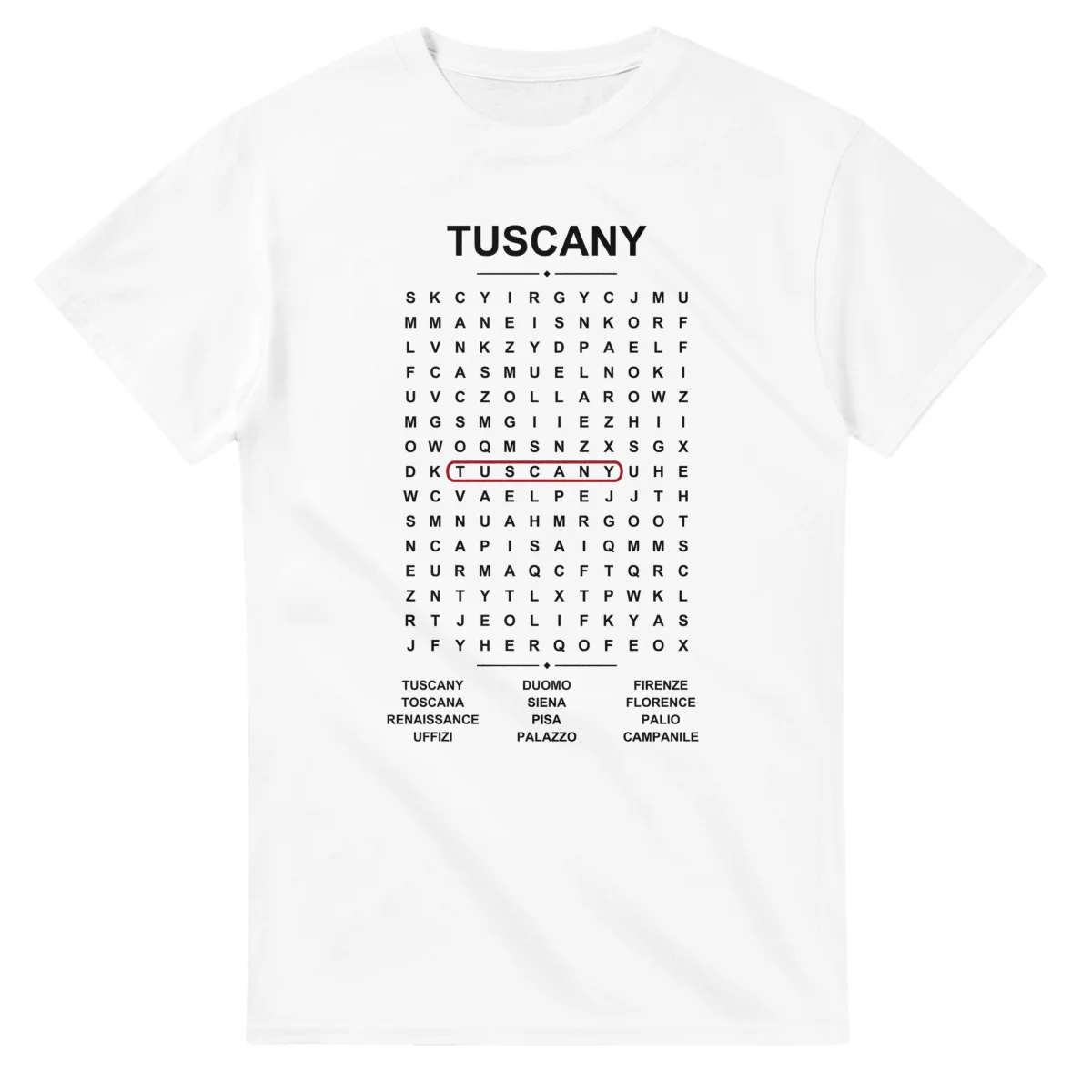 Word-search sheet for Tuscany, with a large place-name heading, a letter grid, a local answer list, and a red highlighted example word.
