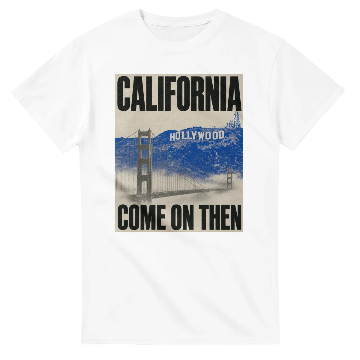 Two-colour scenic illustration for California, with the place name and COME ON THEN lettering.