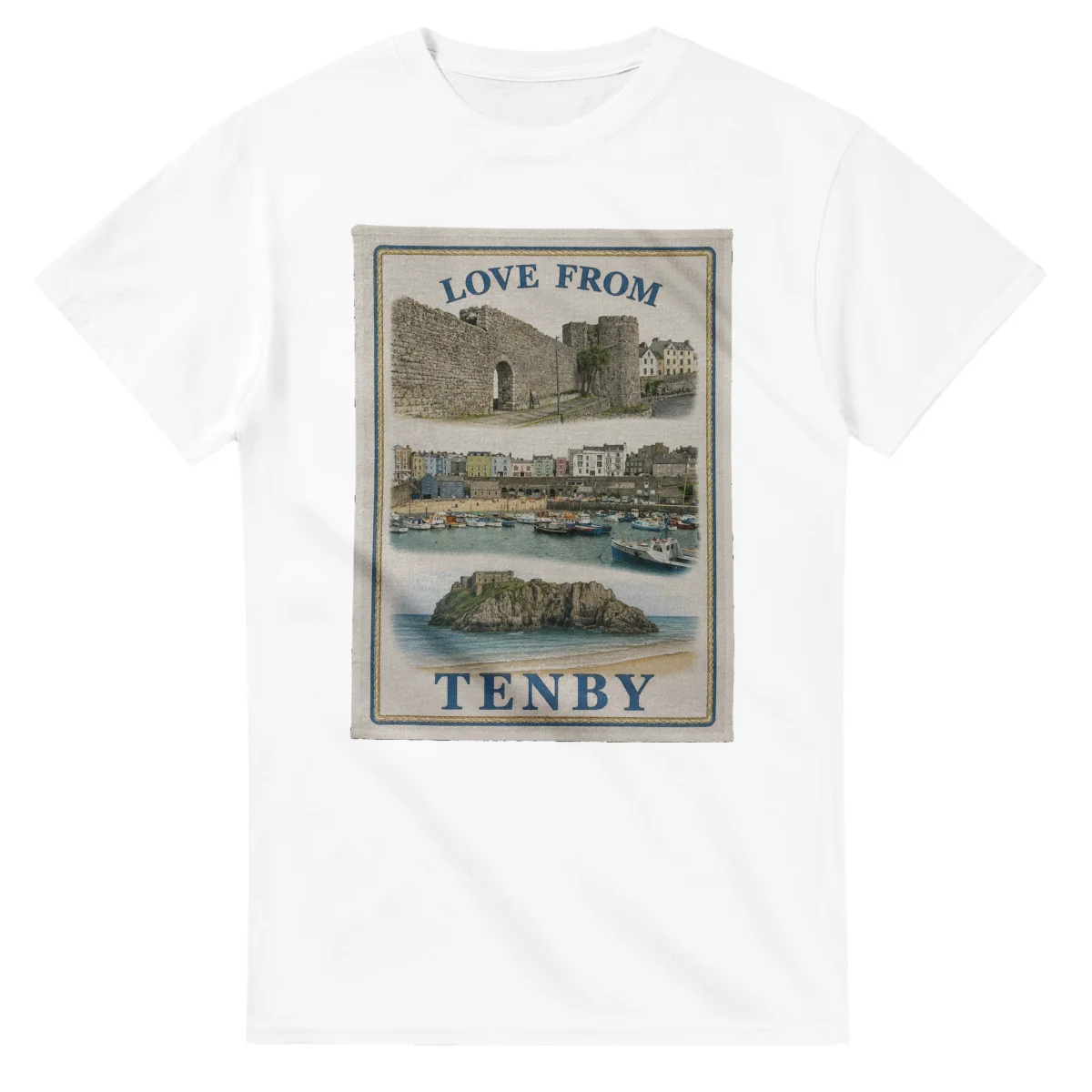 Framed scenic design for Tenby, with several local views, a decorative border and LOVE FROM lettering.