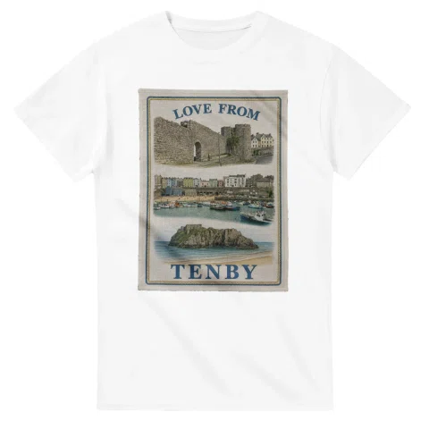 Framed scenic design for Tenby, with several local views, a decorative border and LOVE FROM lettering.