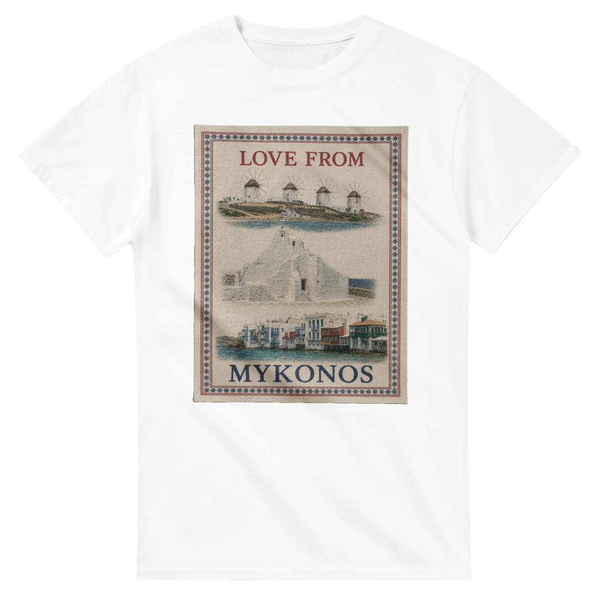Framed scenic design for Mykonos, with several local views, a decorative border and LOVE FROM lettering.