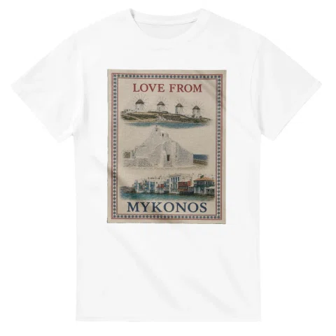 Framed scenic design for Mykonos, with several local views, a decorative border and LOVE FROM lettering.