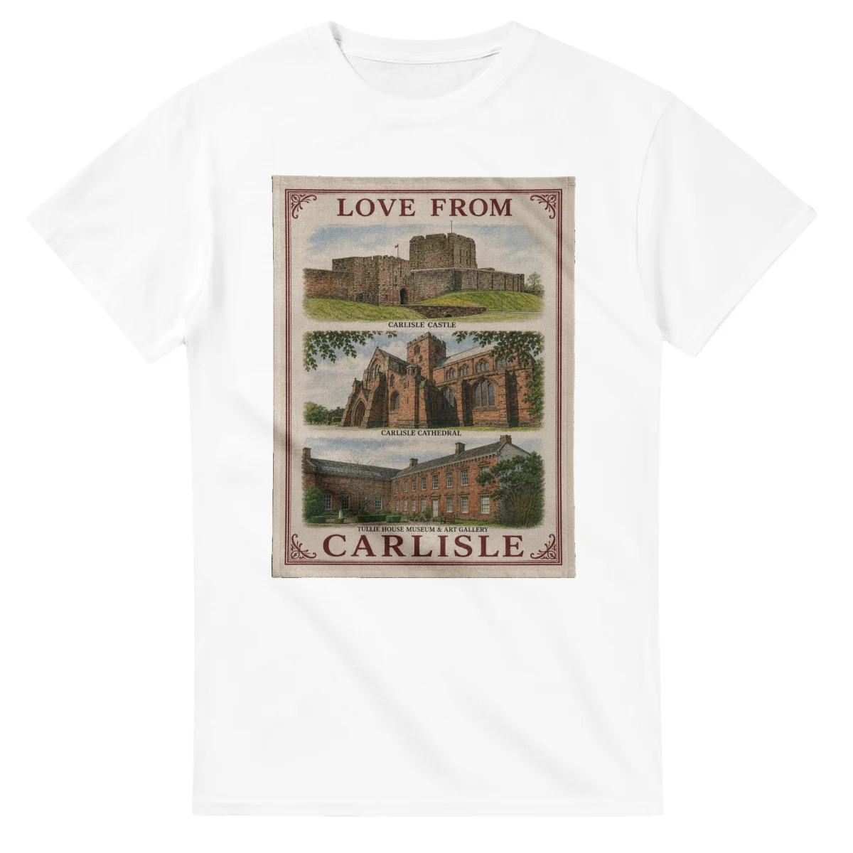 Framed scenic design for Carlisle, with several local views, a decorative border and LOVE FROM lettering.