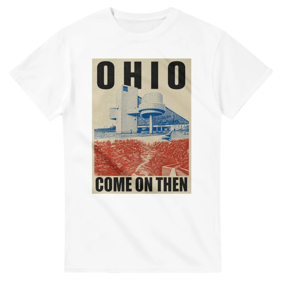 Two-colour scenic illustration for Ohio, with the place name and COME ON THEN lettering.