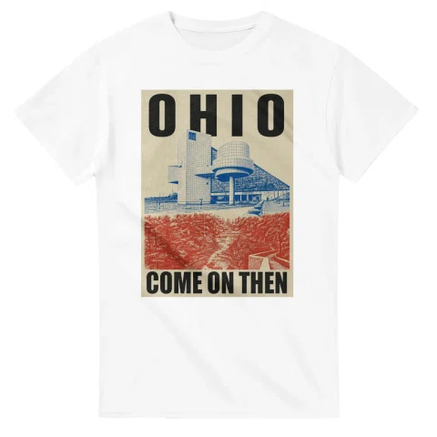 Two-colour scenic illustration for Ohio, with the place name and COME ON THEN lettering.