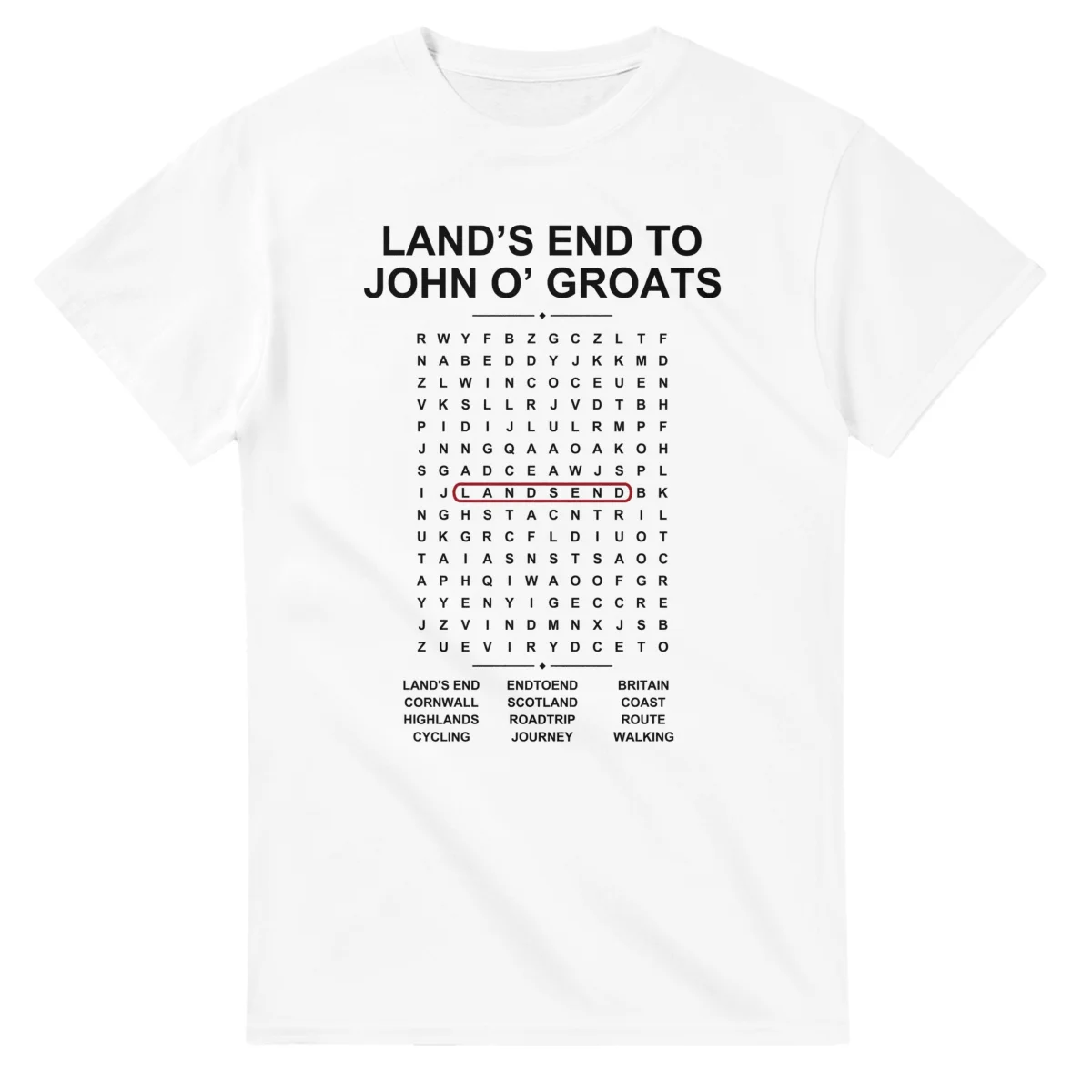 Word-search sheet for Land’s End to John o’ Groats, with a large place-name heading, a letter grid, a local answer list, and a red highlighted example word.