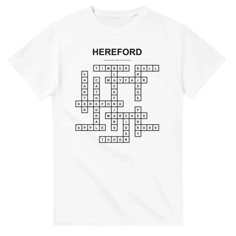 Monochrome crossword sheet for Hereford, with a large place-name heading, a letter grid, and numbered across and down clues.