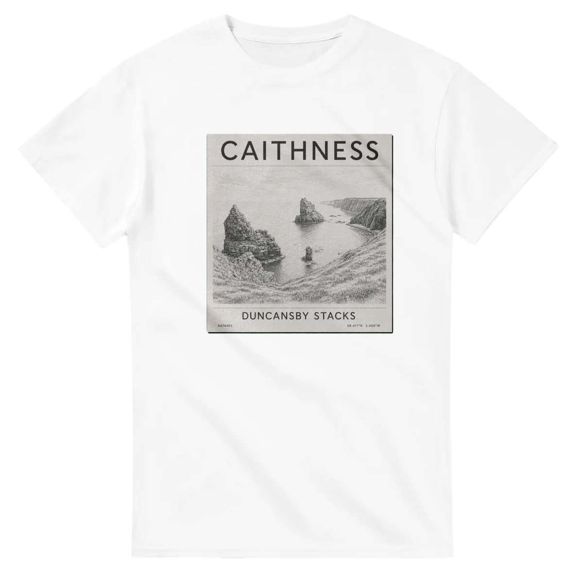 Fine-line engraving-style drawing for Caithness, with a landmark caption and small coordinate text.