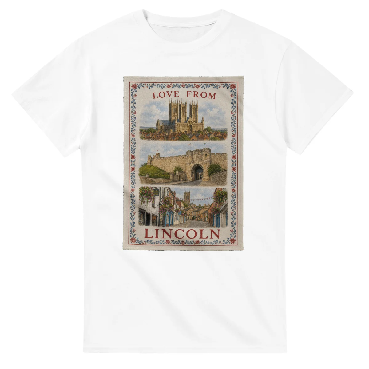 Framed scenic design for Lincoln, with several local views, a decorative border and LOVE FROM lettering.