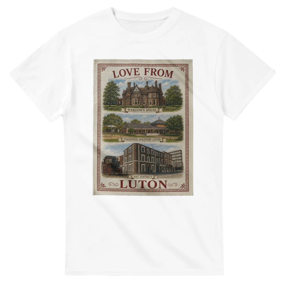 Framed scenic design for Luton, with several local views, a decorative border and LOVE FROM lettering.