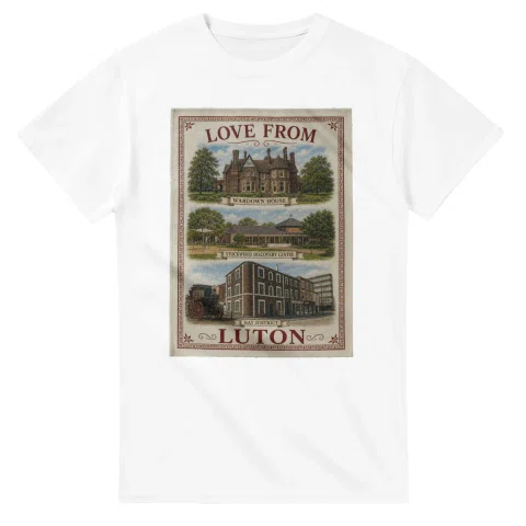 Framed scenic design for Luton, with several local views, a decorative border and LOVE FROM lettering.