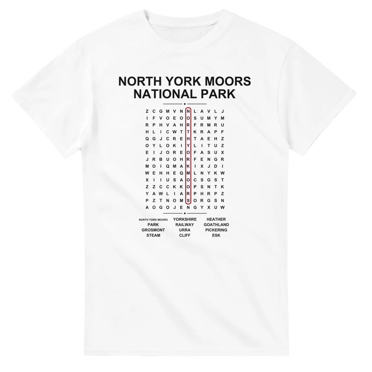 Word-search sheet for North York Moors National Park, with a large place-name heading, a letter grid, a local answer list, and a red highlighted example word.