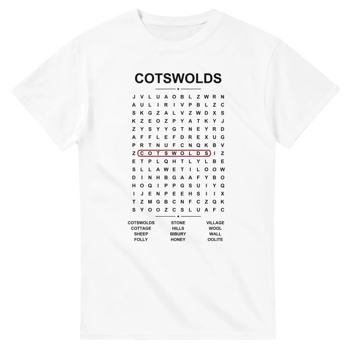 Word-search sheet for Cotswolds, with a large place-name heading, a letter grid, a local answer list, and a red highlighted example word.