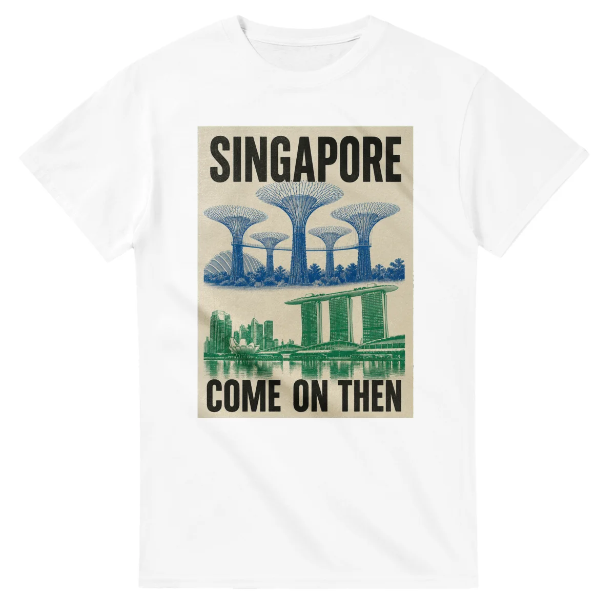 Two-colour scenic illustration for Singapore, with the place name and COME ON THEN lettering.