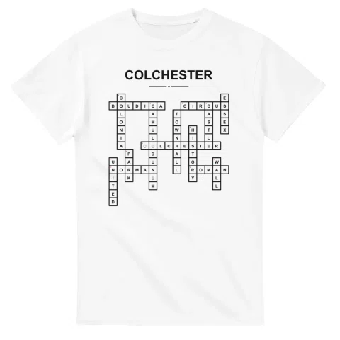 Monochrome crossword sheet for Colchester, with a large place-name heading, a letter grid, and numbered across and down clues.