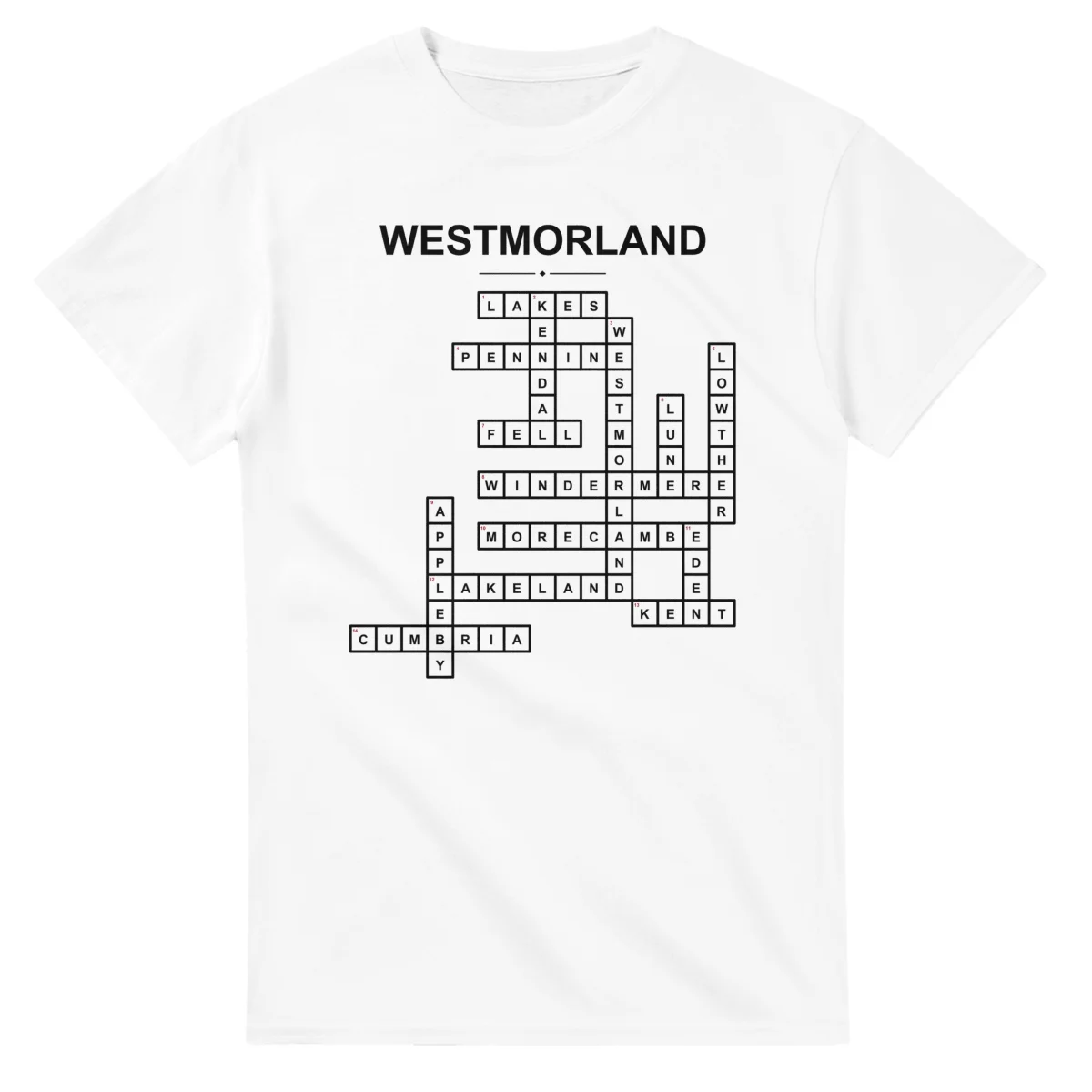 Monochrome crossword sheet for Westmorland, with a large place-name heading, a letter grid, and numbered across and down clues.