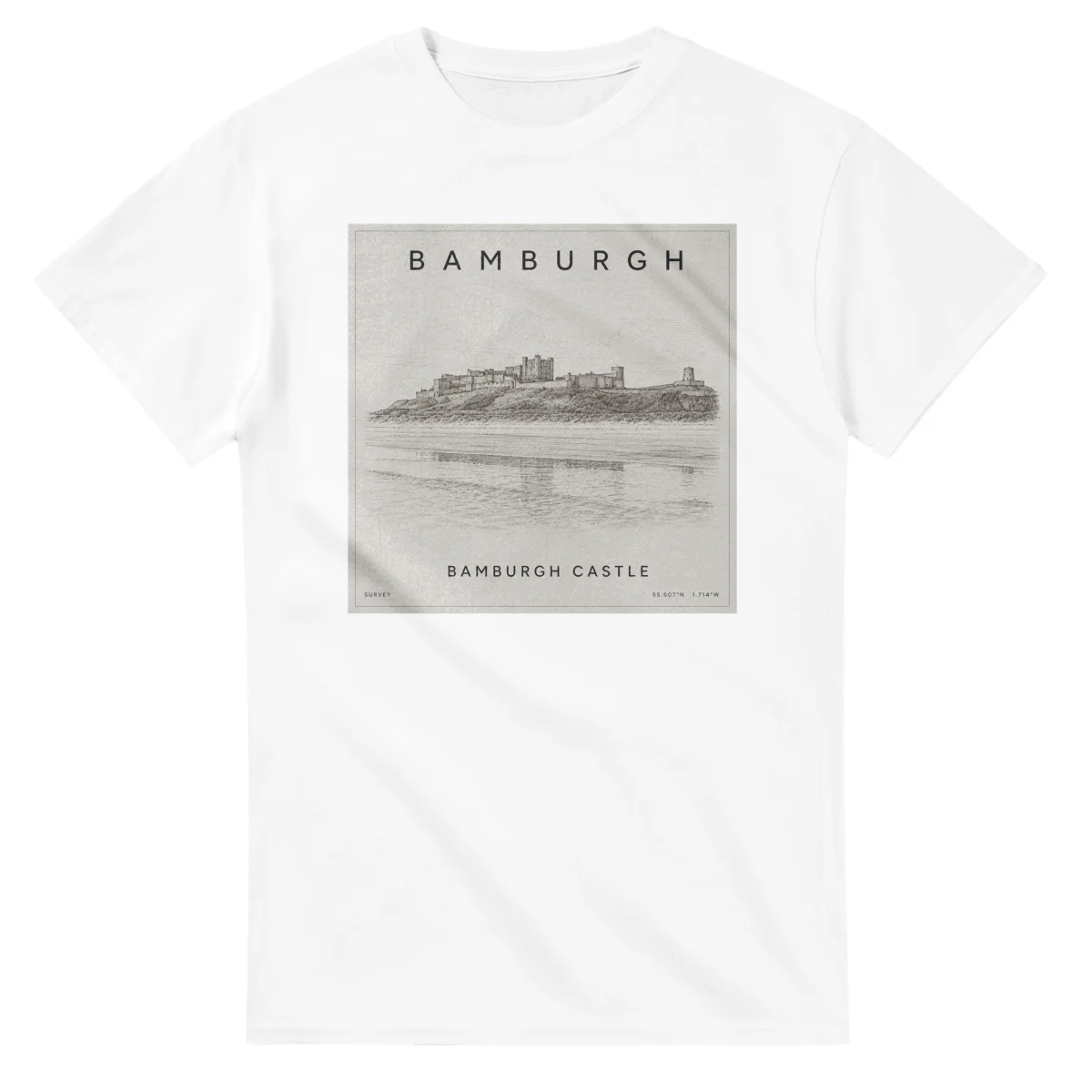 Fine-line engraving-style drawing for Bamburgh, with a landmark caption and small coordinate text.