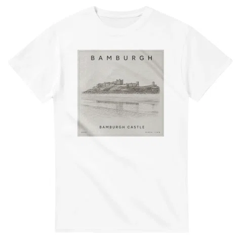 Fine-line engraving-style drawing for Bamburgh, with a landmark caption and small coordinate text.