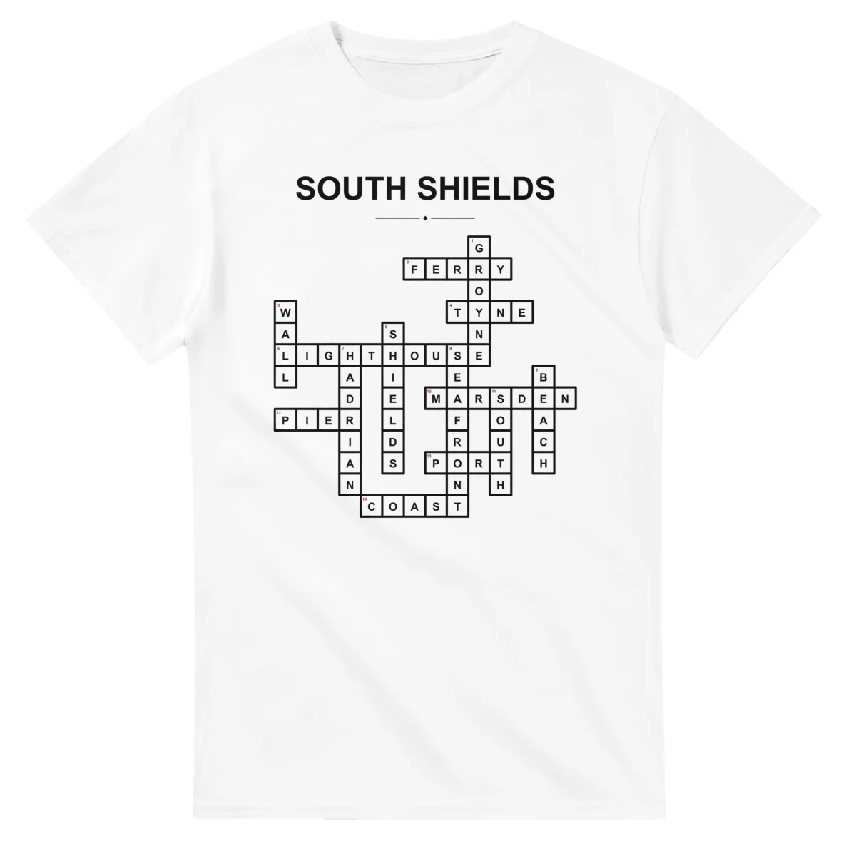 Monochrome crossword sheet for South Shields, with a large place-name heading, a letter grid, and numbered across and down clues.