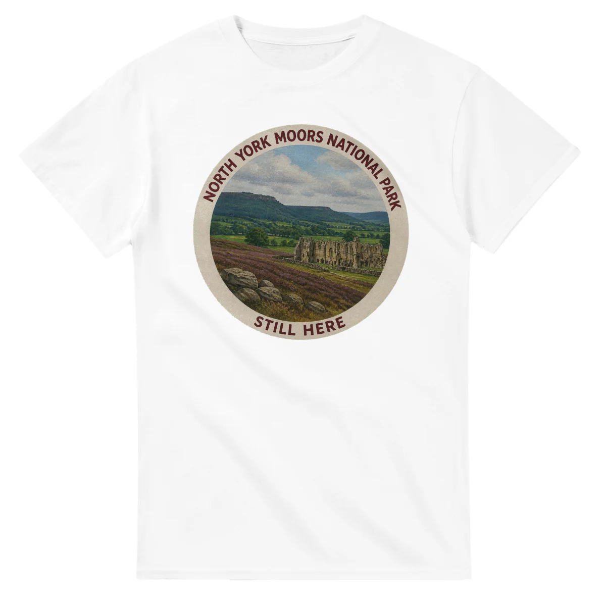 Painted, panelled scenic illustration for North York Moors National Park, with paired local scenes and the place name in lettering.