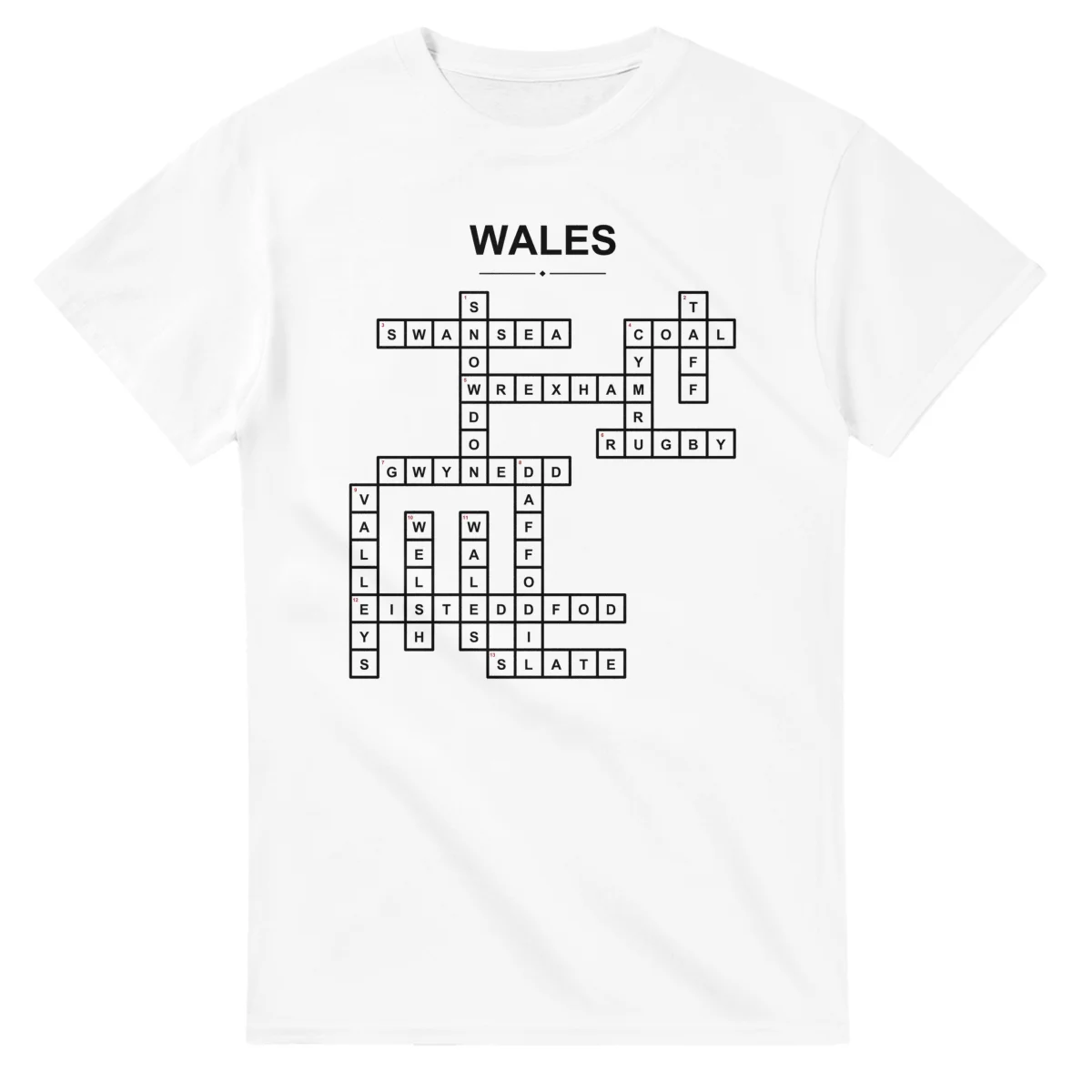 Monochrome crossword sheet for Wales, with a large place-name heading, a letter grid, and numbered across and down clues.