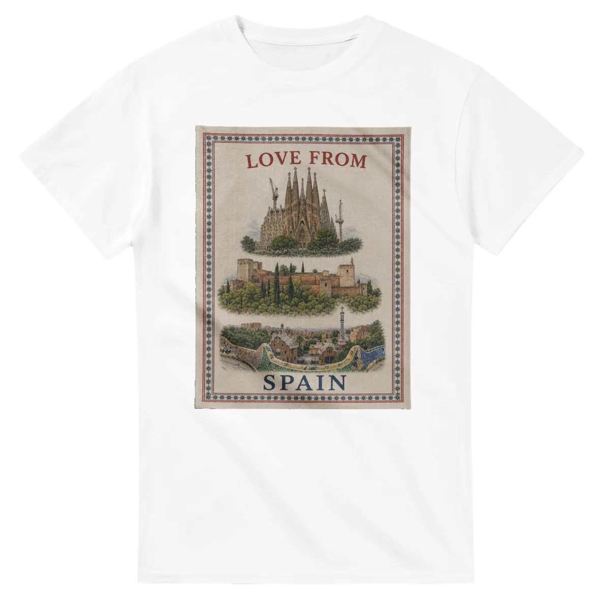 Framed scenic design for Spain, with several local views, a decorative border and LOVE FROM lettering.
