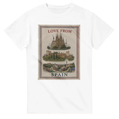 Framed scenic design for Spain, with several local views, a decorative border and LOVE FROM lettering.