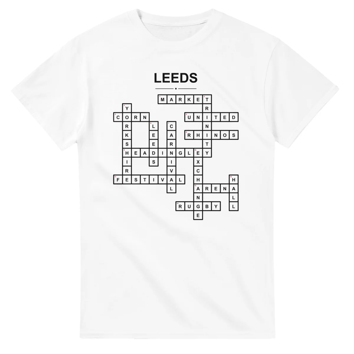 Monochrome crossword sheet for Leeds, with a large place-name heading, a letter grid, and numbered across and down clues.