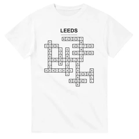 Monochrome crossword sheet for Leeds, with a large place-name heading, a letter grid, and numbered across and down clues.